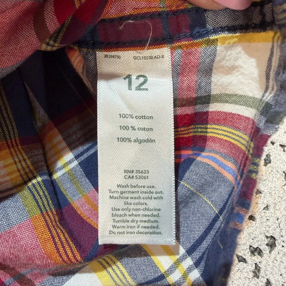 Carters Boys Size 12 Red Navy Plaid Long Sleeve Cotton Button Down Shirt